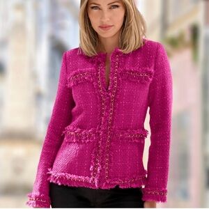 ✨💗 Boston Proper Vibrant Pink Tweed Blazer Fringe Chain Detail Size 16 💗✨